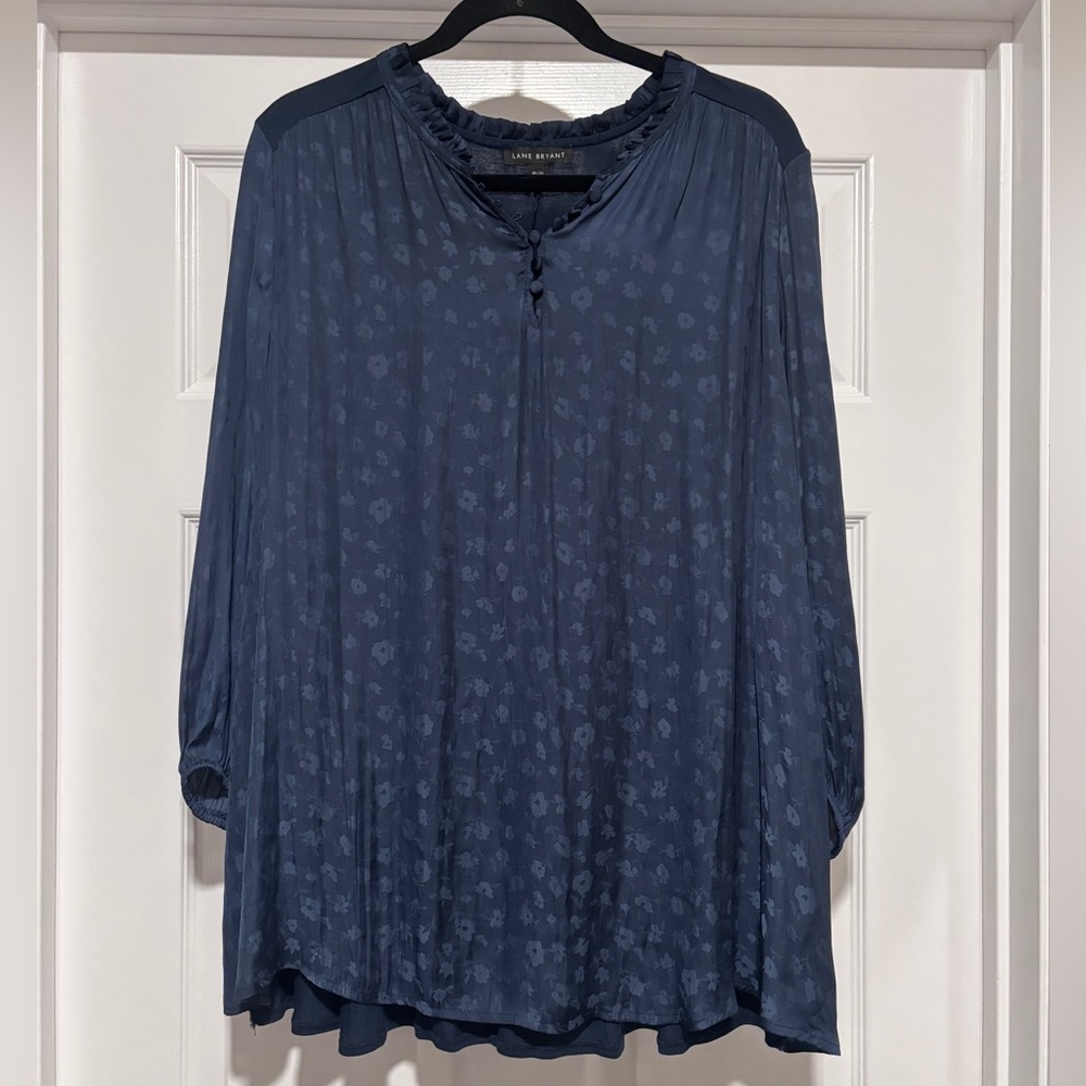 Lane Bryant 18/20 Blue Floral Ruffle Neck Blouse